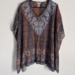 John Mark Womens Embroidered Poncho‎ Tunic Top Size M Velvet Burnout Boho Flowy